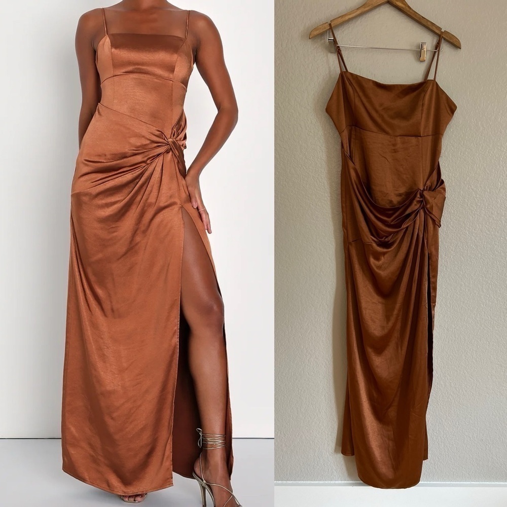 NWOT Celebrated Elegance Bronze Satin Twist-Front Maxi Dress